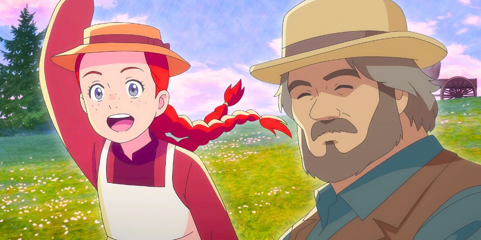 Split image of Anne waving and running down a hill and Matthew Cuthbert smiling in the Anne Shirley anime.