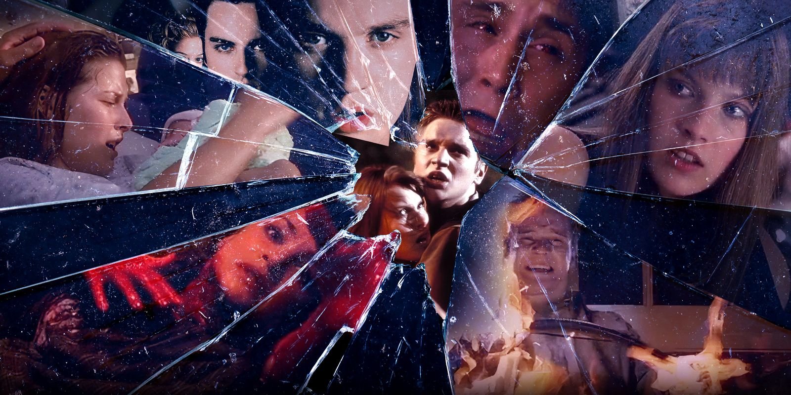 Every-Deleted-Scene-From-the-Original-Final-Destination,-Ranked featuring deleted scenes and cast fractured in a shattered pane of glass 